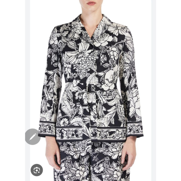 Max Mara Camino Floral Belted Black White Button Up Blazer S